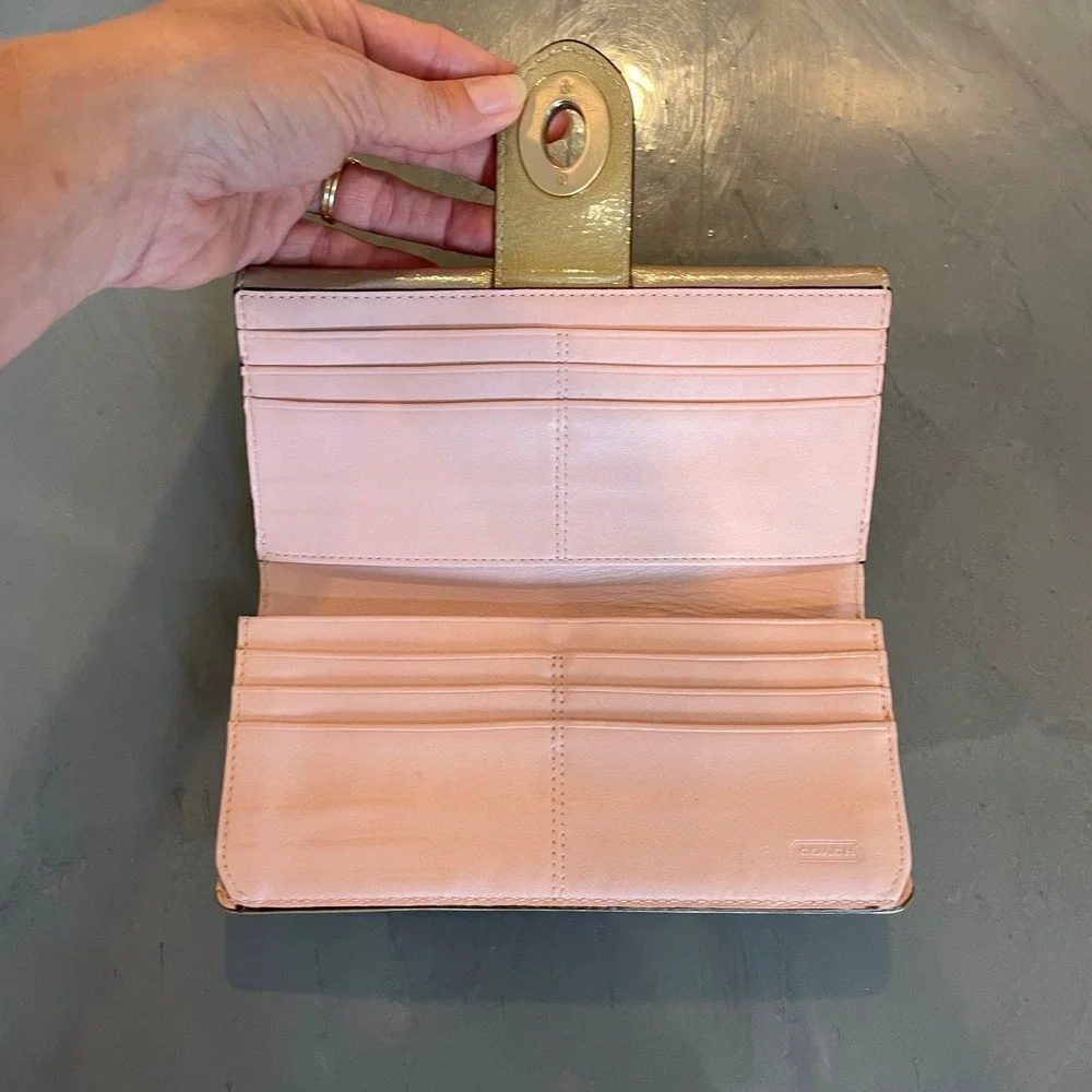 Coach Metallic Champagne Gold Leather Slim Envelope Turnlock Wallet Pink FLAW